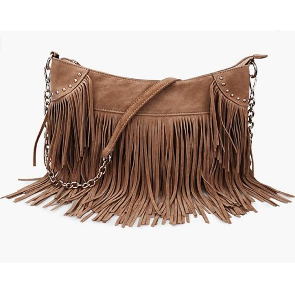 Handbags - Brown Fringe Studded Tassel Faux Suede Leather Crossbody Hobo Bag Satchel Purse